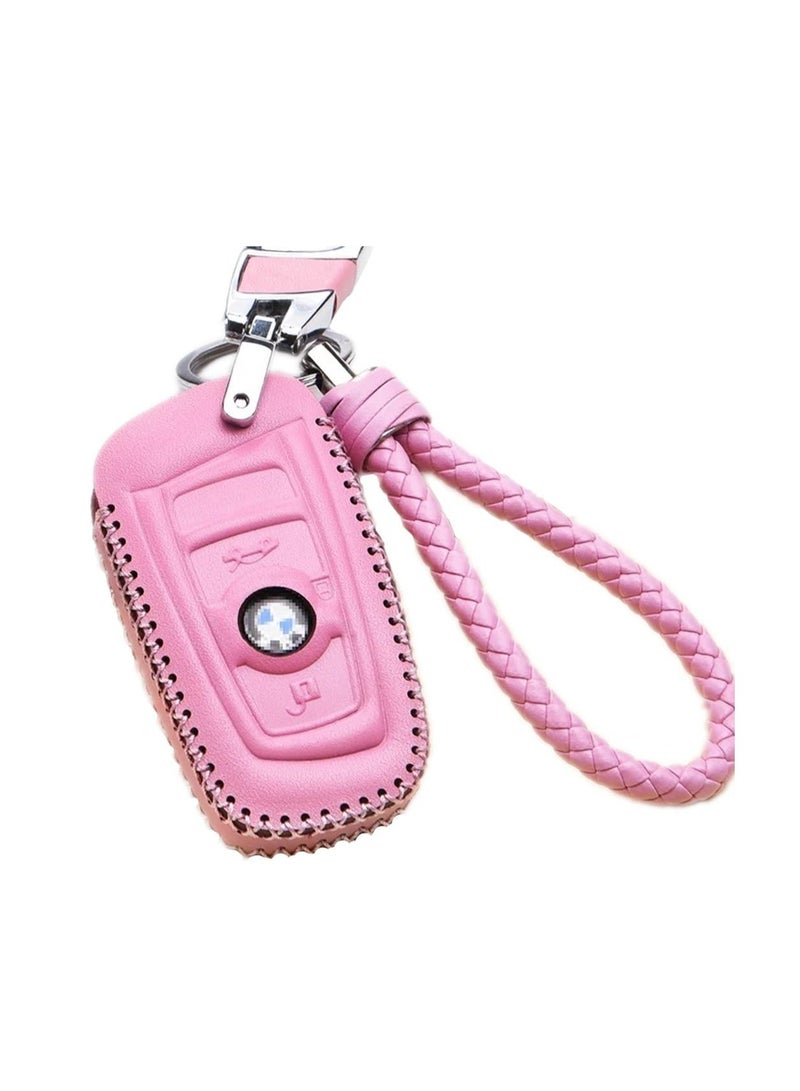 BMW Genuine Leather Key Case cover Shell For BMW 3-Button Keyless Entry Remote Control Smart Car Key Protection Fob Skin cover Etui with Braided Key Chain & Key Rings (Pink) - Image 1
